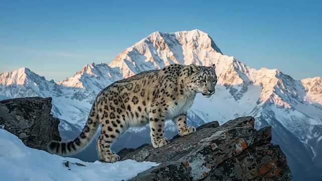 Snow Leopard on Mountain Peak