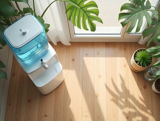 A top-down view of an eco-friendly office corner, featuring a water cooler, lush green plants, and natural light spilling onto a warm wooden floor, creating a serene and sustainable workspace