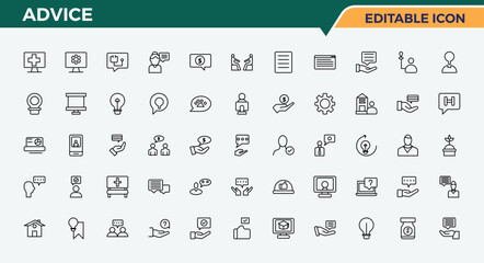 Advice line icon set. Modern vector illustration. Contains outline symbols like expert, leadership, lead, mentor, advice. Editable vector. Trainer vector icon set.