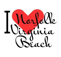 I love Norfolk-Virginia Beach, city of United States. Hand drawn letters with red heart. Vector illustration lettering, modern design