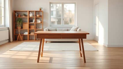 Minimalist wooden desk in warm natural light