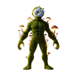 Fototapeta premium A moss-covered humanoid figure stands against a transparent background adorned with glowing mushrooms and a single eye-like structure emitting light. The character design evokes nature and fantasy.