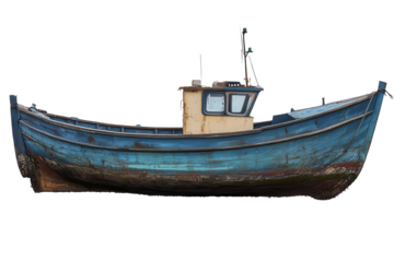Old blue wooden fishing boat isolated on a calm water surface during a clear day at the harbor