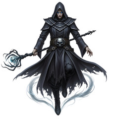 Mysterious Figure In Black Robes And Hood Holding Staff Over Transparent Background