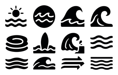 Water, beach, wave solid icon set. surfing, ocean elements solid collection