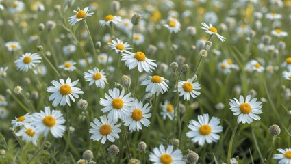 Fototapeta premium Field of daisies with white petals and yellow centers in a grassy area. Nature and flowers, serene scene. Springtime and floral bloom.