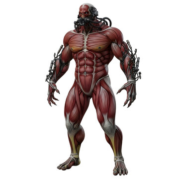 Muscular Figure With Exposed Muscles and Robotic Enhancements on Transparent Background
