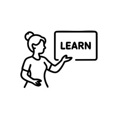 Woman presenting the word learn on a whiteboard isolated on transparent background