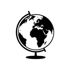 Black and white illustration of a globe on a stand isolated on transparent background