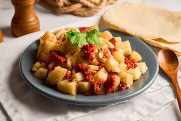 Traditional mexican stew chorizo with potatoes