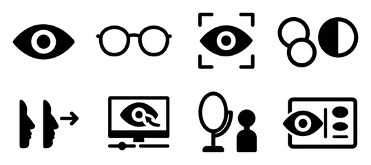 Vision, optics filled icon set. eye care, glasses, monitoring filled collection