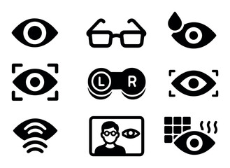 Vision, optics solid icon set. eye, glasses, contact lenses collection