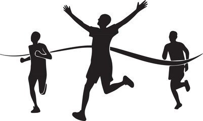 Silhouette of runners crossing finish line in a race competition. Vector illustration of athletes celebrating victory and achievement. Perfect for sports, fitness, and marathon designs.