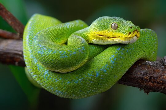 A vibrant green tree python coiled around a branch, blending with the lush foliage in a rainforest setting, showcasing its unique colors