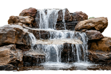 Beautiful cascade of waterfalls spilling over large rocks in a serene natural setting under bright sunlight, showcasing the gentle flow of water and vibrant surroundings