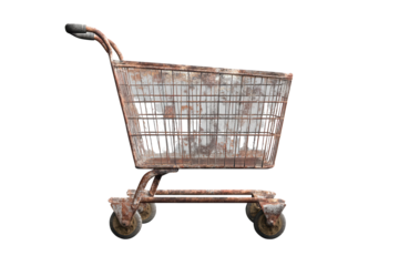 Weathered shopping cart on a transparent background featuring rust and wear with visible wheels for an interesting visual appeal