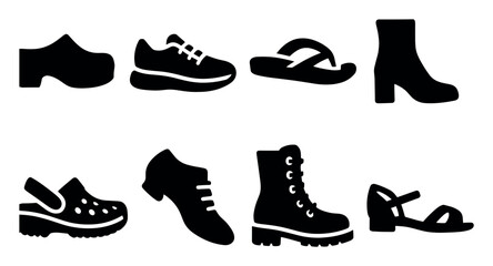 Footwear silhouette icon set. shoes, boots, sandals outline collection