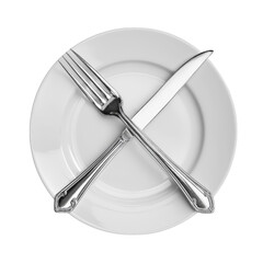Crossed fork and knife on a plate, isolated on a transparent background in PNG format.