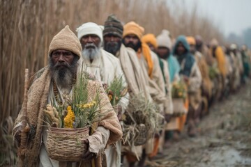 Men dressed in traditional attire walk in a line holding baskets filled with offerings during a spiritual procession in the countryside