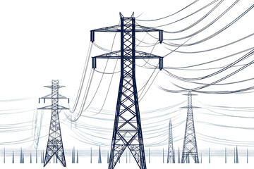 Electric power lines towering against a clear background showcasing the infrastructure of energy distribution and connectivity across the landscape