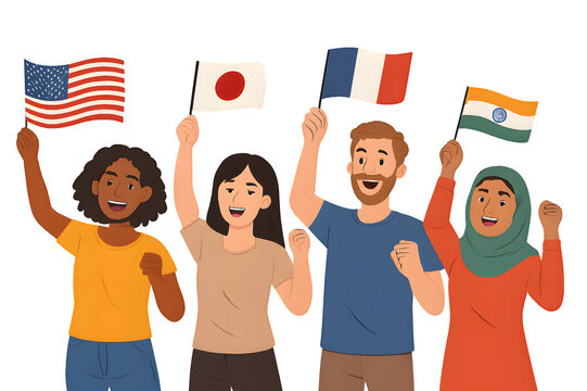 Diverse multicultural group celebrating with waving flags isolated on transparent background