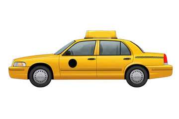 Yellow taxi car parked with a roof sign indicating availability in a busy urban area during the day