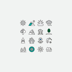 Collection of Flat Line Icons Depicting Nature and Rural Scenes
