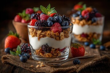 Layered parfait features creamy yogurt, granola, and an assortment of fresh berries served in a glass, garnished with mint