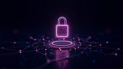 Cybersecurity Network: Abstract Neon Padlock Icon Glowing on Futuristic Digital Interface, Dark Background, Technology Concept, Data Protection, Privacy, Secure System.