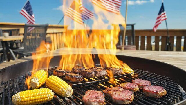Outdoor barbecue with juicy steaks and grilled corn against the backdrop of waving American flags and a blue summer sky. The atmosphere is festive, picnic and Independence Day.