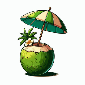 illustration of a young coconut drink with an umberella