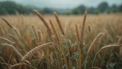Fototapeta premium Fields of wheat or barley with ripe stalks ready for harvest. Agricultural crop, farming, and nature. Grain and cereal crop.