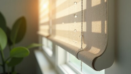 Sunlit Window Blind with Water Droplets