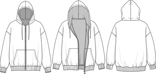 Hoodie flat sketch, front and back view, zipper sweatshirt design, fashion vector template, drawstring hoodie, technical clothing illustration