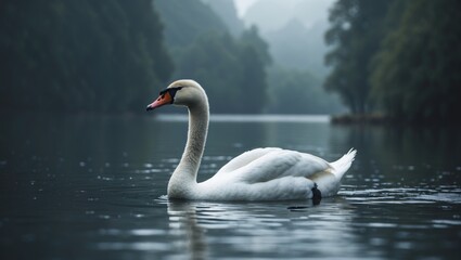 A graceful swan gliding on a calm lake surrounded by lush greenery.