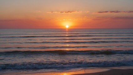 Sunset over the ocean at dusk with waves and horizon. Tranquil scene of nature and sea. The peaceful view of water and sky.
