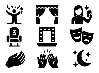 Entertainment and theater solid icon set. drama, cinema, stage, selfie, night icons