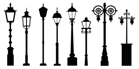 Icon set featuring various street lamp designs in silhouette style suitable for graphic design projects