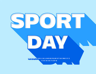 Vector Activity sign Sports Day. Bright 3D Font with Big Blue Shadow. Classic Alphabet Letters and Numbers.
