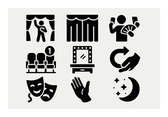 Theater, performance silhouette icon set. stage, drama elements collection