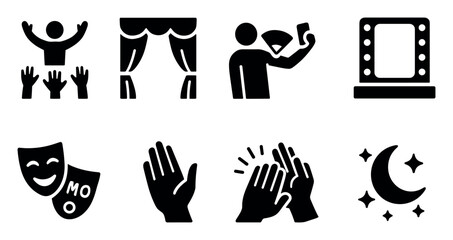 Theater, entertainment solid icon set. performance, applause, music symbols collection
