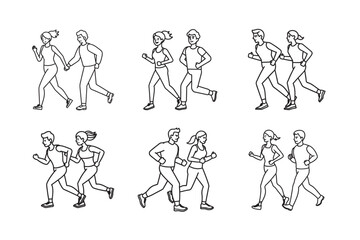 line art of couple jogging set bundle  on the white background