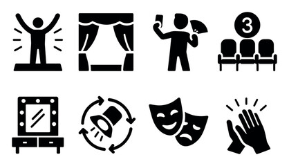 Theater, performance silhouette icon set. stage, drama elements for creative projects