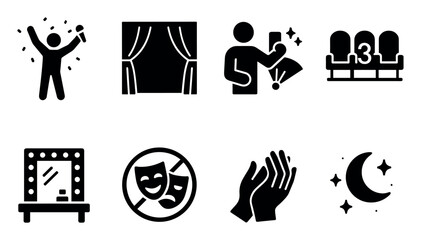 Theater and performance solid icon set. drama, stage, entertainment collection