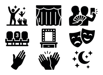 Entertainment and theater solid icon set. stage, audience, performance icons