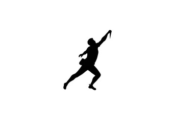 Silhouette of a man throwing a spear while running with a pouch attached to his side on a white background