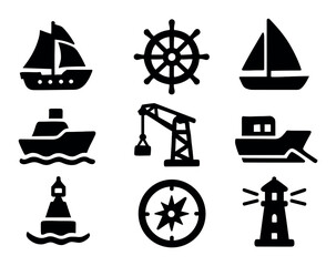 Marine, nautical solid icon set. sailing, sea equipment silhouette collection