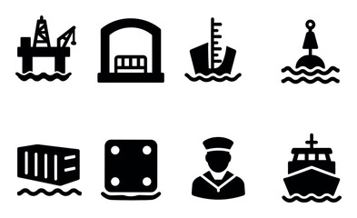Maritime, marine silhouette icon set. nautical, shipping, ocean logistic icons