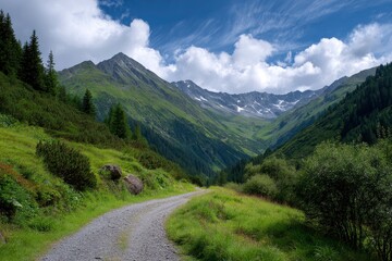 Obraz premium Gravel path winds through a green valley framed by mountains and a blue sky with scattered clouds