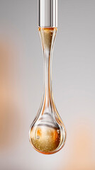 Vitamin D3 drops from dropper, golden liquid forming perfect droplet, sunshine vitamin concept, clean minimalist packaging, pharmaceutical-grade supplement, macro detail